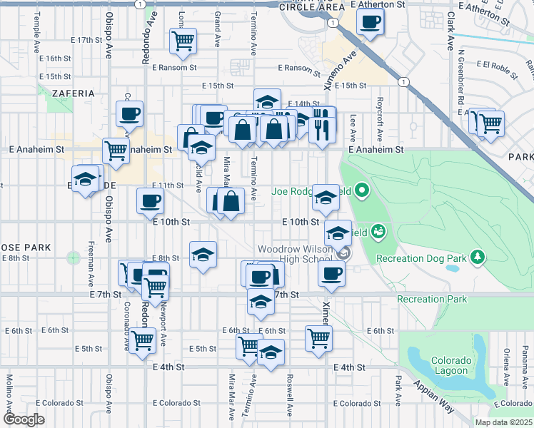 map of restaurants, bars, coffee shops, grocery stores, and more near 1001 Belmont Avenue in Long Beach