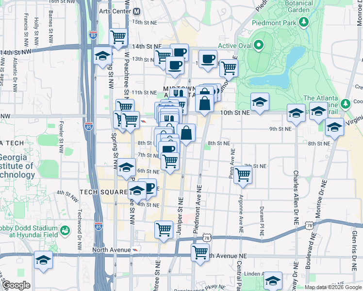 map of restaurants, bars, coffee shops, grocery stores, and more near 908 Juniper Street Northeast in Atlanta