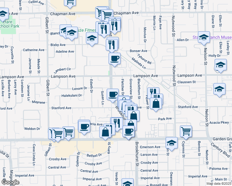 map of restaurants, bars, coffee shops, grocery stores, and more near 12630 Brookhurst Street in Garden Grove
