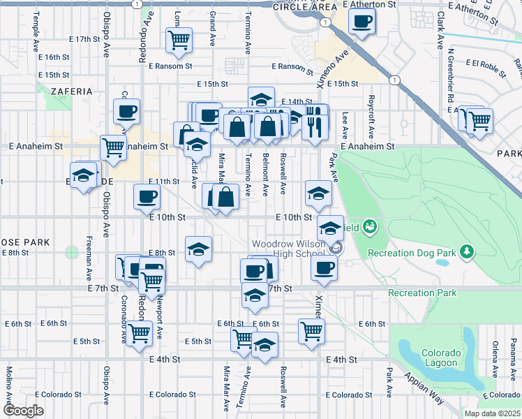 map of restaurants, bars, coffee shops, grocery stores, and more near 1001 Belmont Avenue in Long Beach