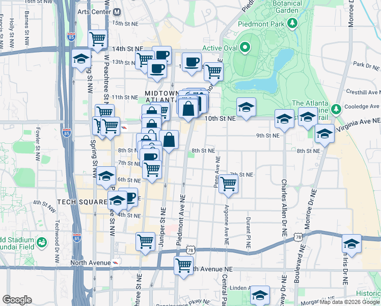 map of restaurants, bars, coffee shops, grocery stores, and more near 907 Piedmont Avenue Northeast in Atlanta