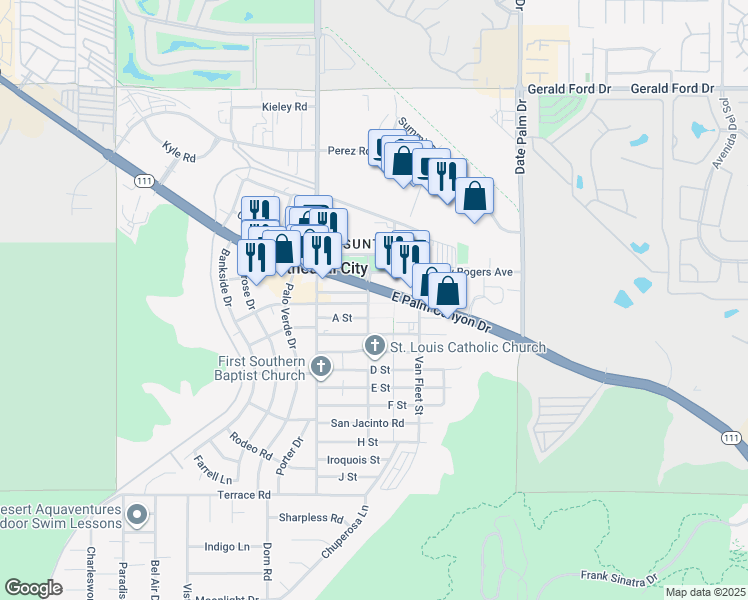 map of restaurants, bars, coffee shops, grocery stores, and more near 68684 California 111 in Cathedral City