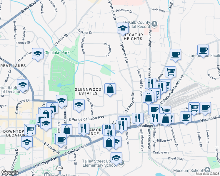 map of restaurants, bars, coffee shops, grocery stores, and more near 350 Hillcrest Avenue in Decatur