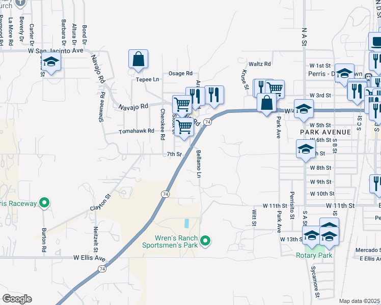 map of restaurants, bars, coffee shops, grocery stores, and more near 23500 California 74 in Perris