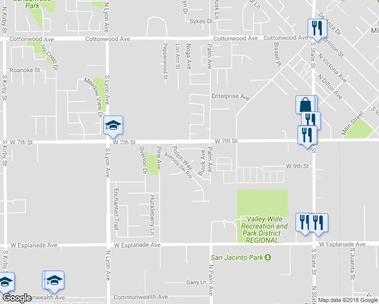 map of restaurants, bars, coffee shops, grocery stores, and more near 1222 Pardee Street in San Jacinto