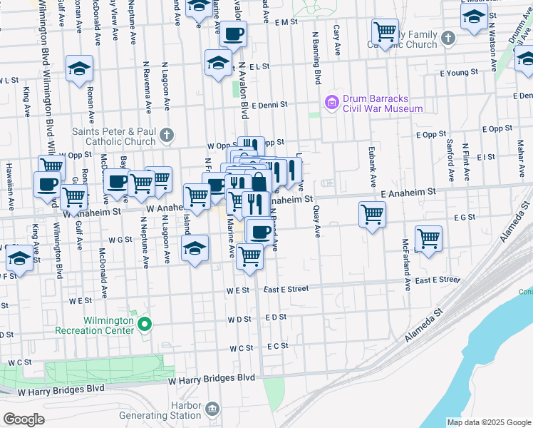 map of restaurants, bars, coffee shops, grocery stores, and more near 124 East Anaheim Street in Los Angeles