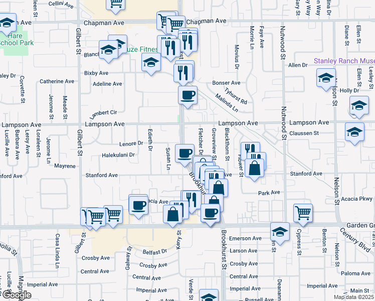 map of restaurants, bars, coffee shops, grocery stores, and more near 12600 Brookhurst Street in Garden Grove