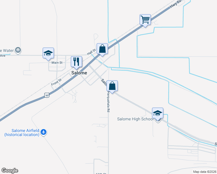 map of restaurants, bars, coffee shops, grocery stores, and more near 38301 Harquahala Road in Salome