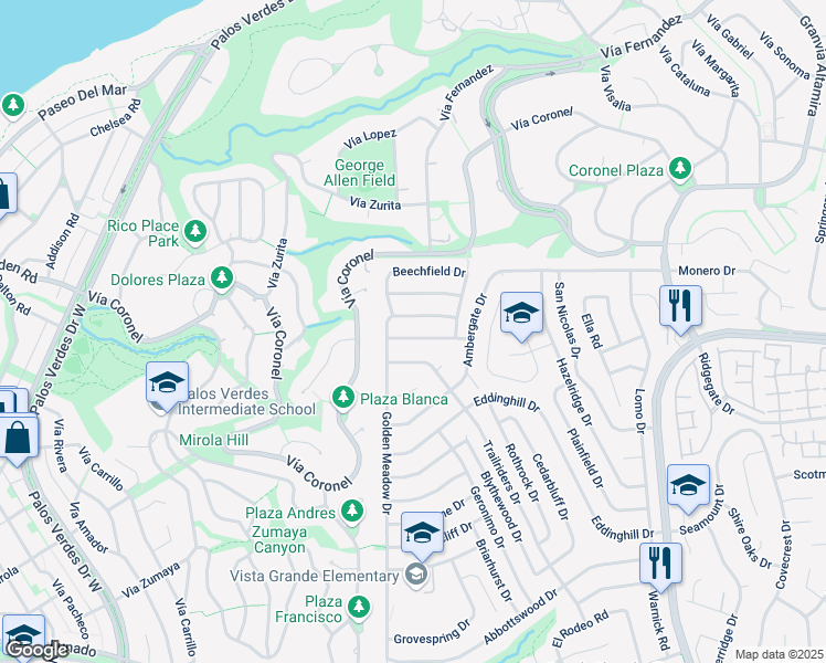map of restaurants, bars, coffee shops, grocery stores, and more near 7017 Maycroft Drive in Rancho Palos Verdes