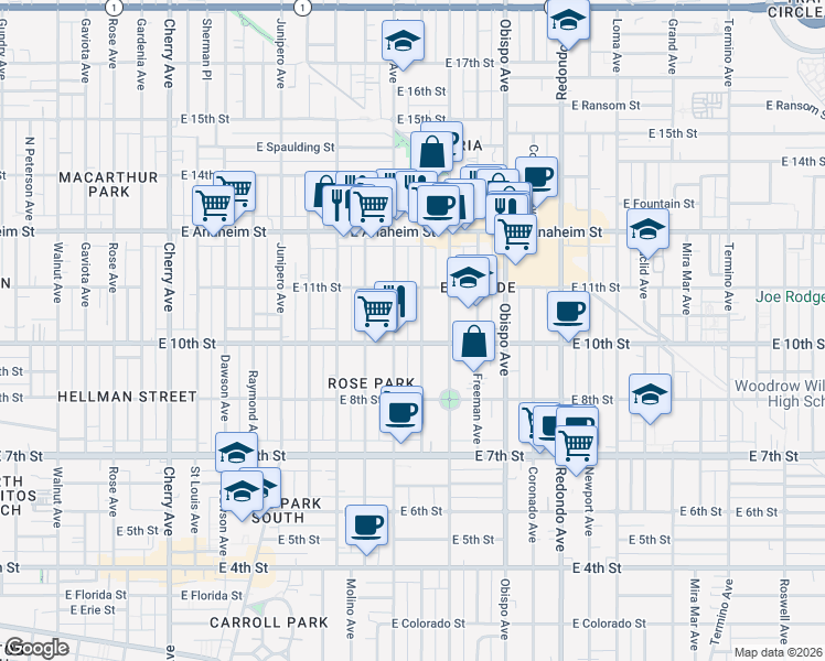 map of restaurants, bars, coffee shops, grocery stores, and more near 1021 Gladys Avenue in Long Beach