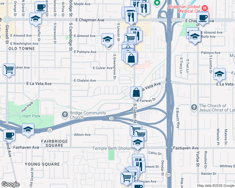 map of restaurants, bars, coffee shops, grocery stores, and more near 539 South Cinnamon Way in Orange