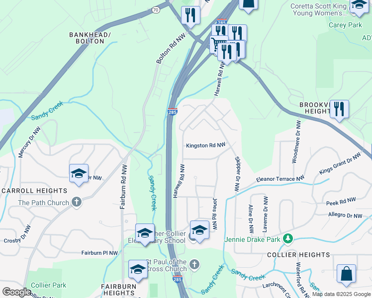 map of restaurants, bars, coffee shops, grocery stores, and more near 3272 Kingston Rd NW in Atlanta