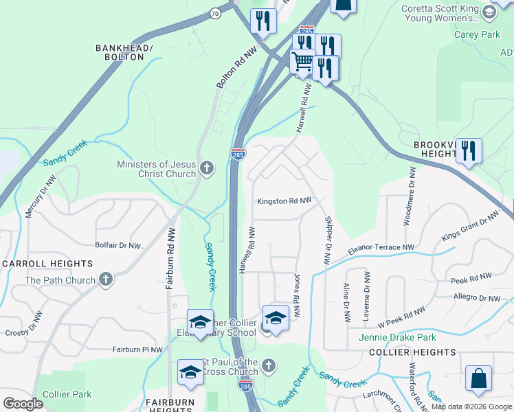 map of restaurants, bars, coffee shops, grocery stores, and more near 896 Harwell Road Northwest in Atlanta