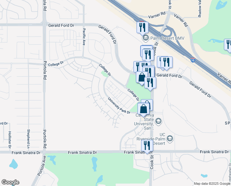 map of restaurants, bars, coffee shops, grocery stores, and more near College Drive in Palm Desert