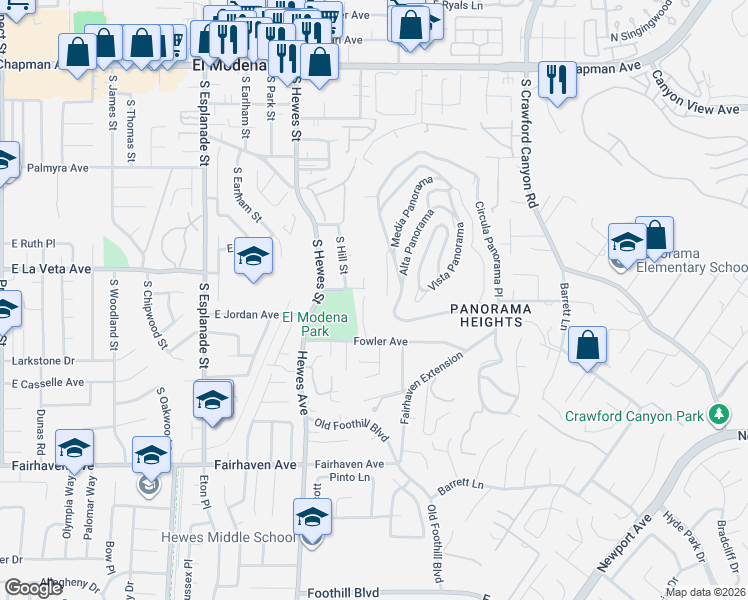 map of restaurants, bars, coffee shops, grocery stores, and more near 12582 South Hill Street in Orange