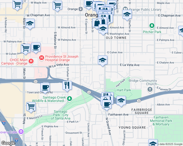 map of restaurants, bars, coffee shops, grocery stores, and more near 230 West La Veta Avenue in Orange