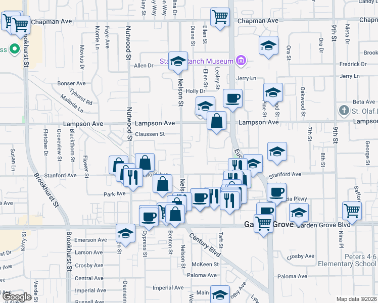 map of restaurants, bars, coffee shops, grocery stores, and more near 12592 Nelson Street in Garden Grove