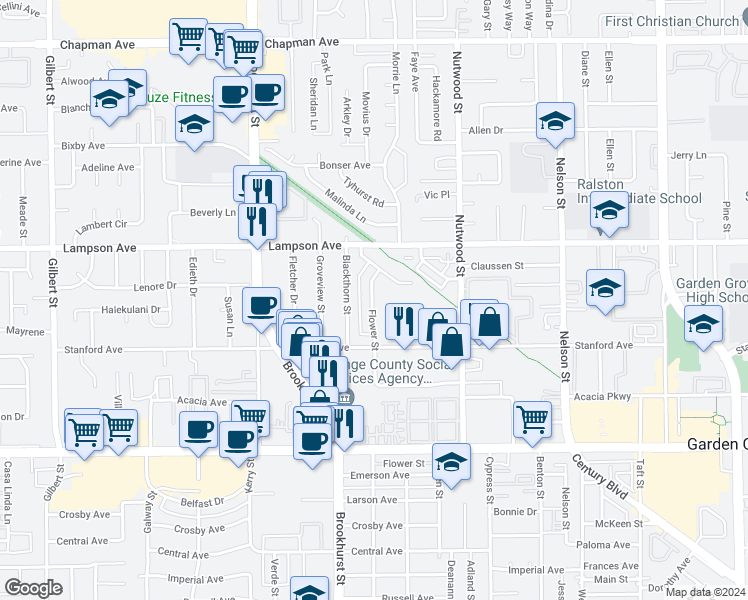 map of restaurants, bars, coffee shops, grocery stores, and more near 12581 Flower Street in Garden Grove