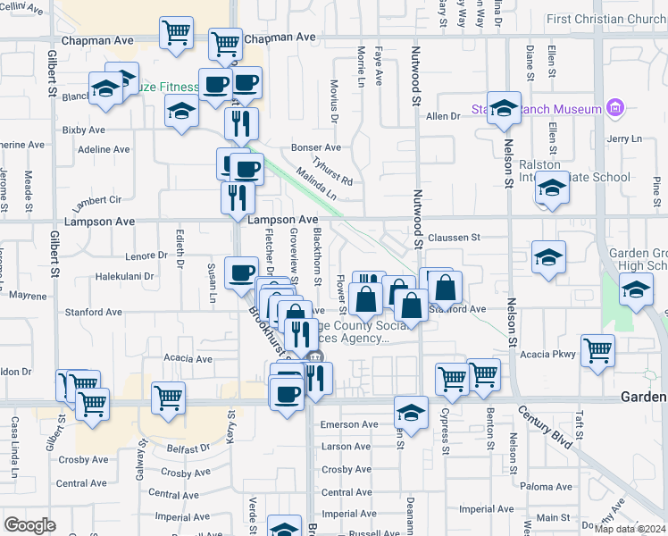 map of restaurants, bars, coffee shops, grocery stores, and more near 12581 Flower Street in Garden Grove