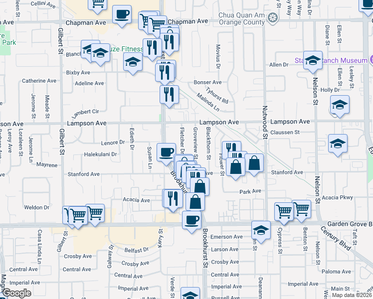 map of restaurants, bars, coffee shops, grocery stores, and more near 12601 Fletcher Drive in Garden Grove