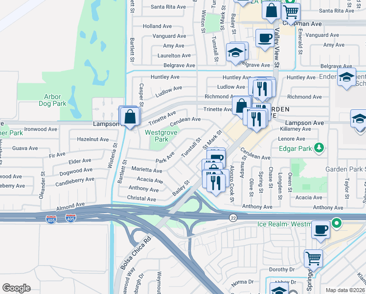 map of restaurants, bars, coffee shops, grocery stores, and more near 5521 Park Avenue in Garden Grove