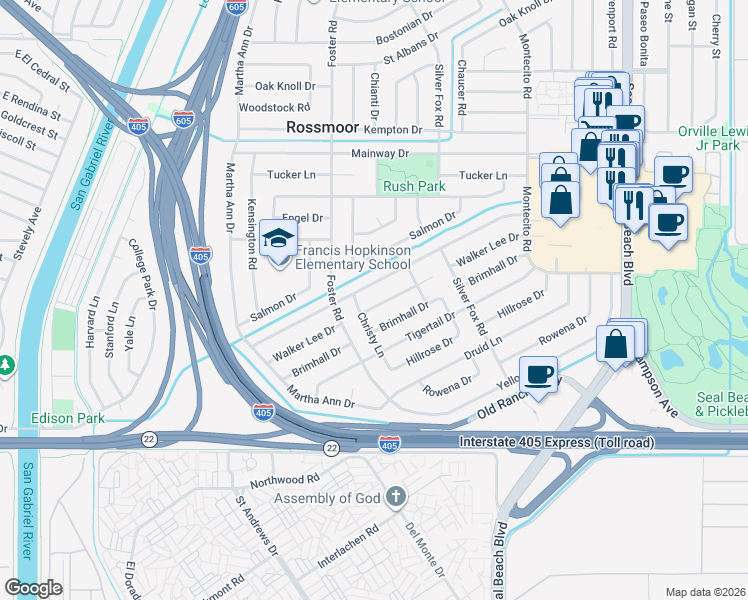 map of restaurants, bars, coffee shops, grocery stores, and more near 2911 Walker Lee Drive in Rossmoor