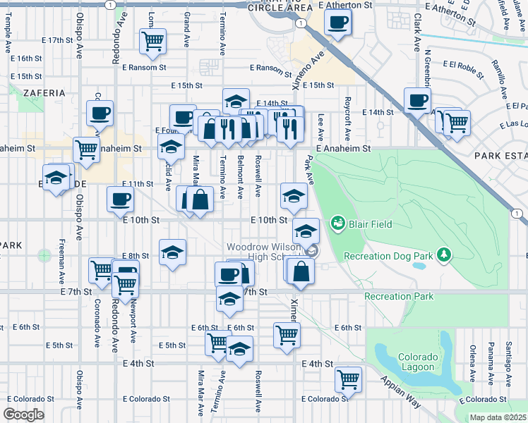 map of restaurants, bars, coffee shops, grocery stores, and more near 1049 Bennett Avenue in Long Beach