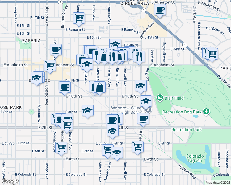 map of restaurants, bars, coffee shops, grocery stores, and more near 1060 Belmont Avenue in Long Beach