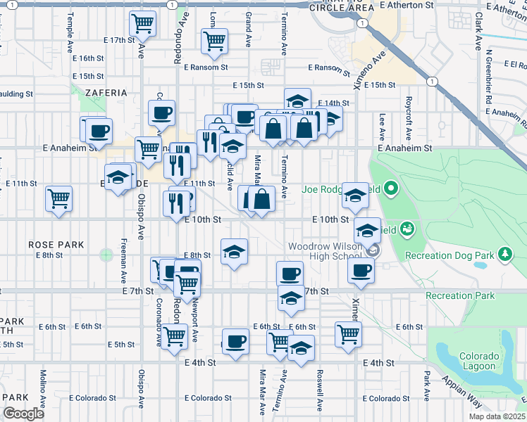 map of restaurants, bars, coffee shops, grocery stores, and more near 1057 Mira Mar Avenue in Long Beach