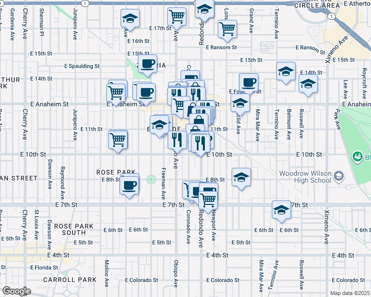 map of restaurants, bars, coffee shops, grocery stores, and more near 1048 Coronado Avenue in Long Beach