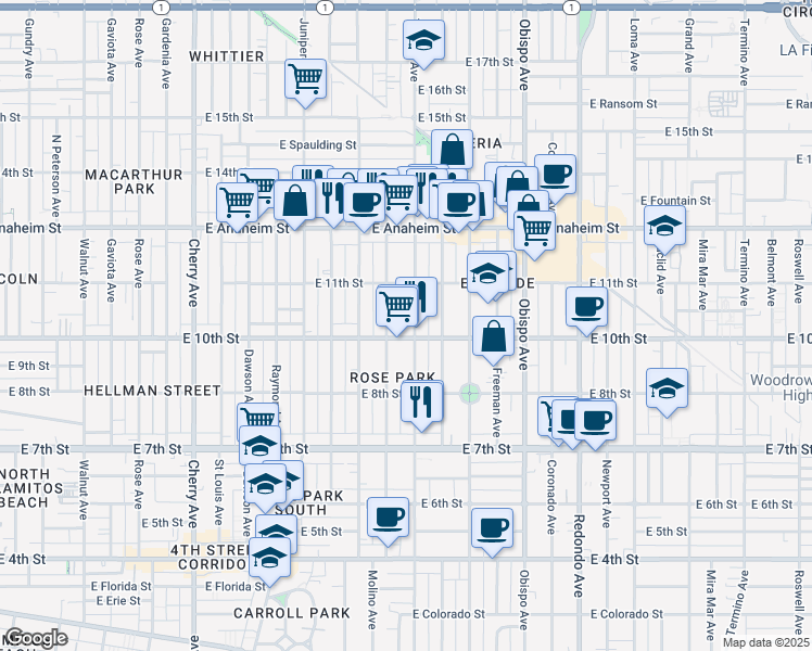 map of restaurants, bars, coffee shops, grocery stores, and more near 1064 Ohio Avenue in Long Beach