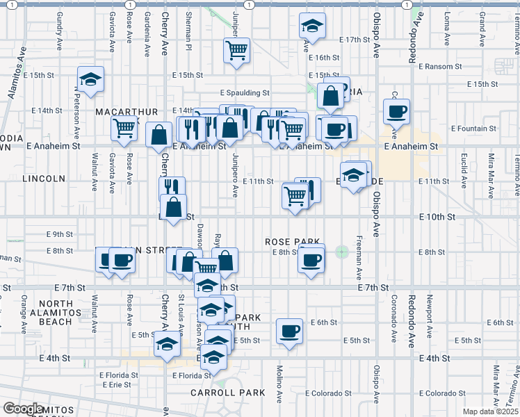 map of restaurants, bars, coffee shops, grocery stores, and more near 1051 Stanley Avenue in Long Beach