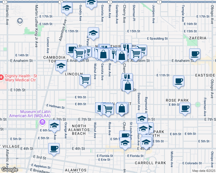 map of restaurants, bars, coffee shops, grocery stores, and more near 1054 Minerva Park in Long Beach