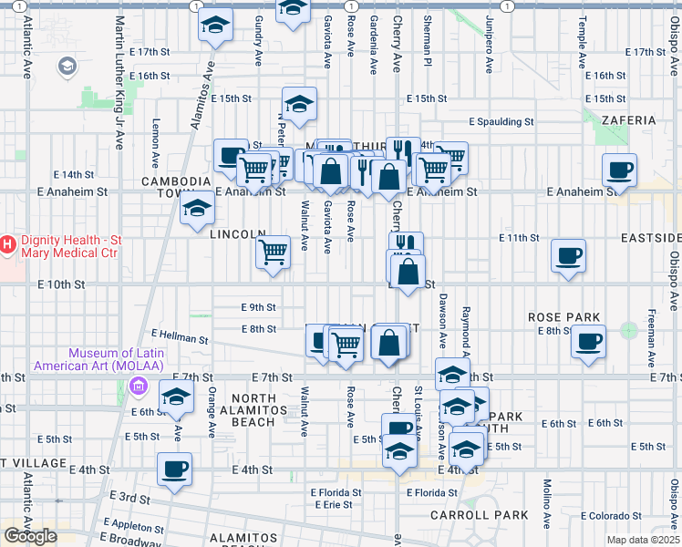 map of restaurants, bars, coffee shops, grocery stores, and more near 1054 Minerva Park in Long Beach
