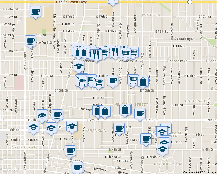 map of restaurants, bars, coffee shops, grocery stores, and more near 1503 East Sunshine Court in Long Beach