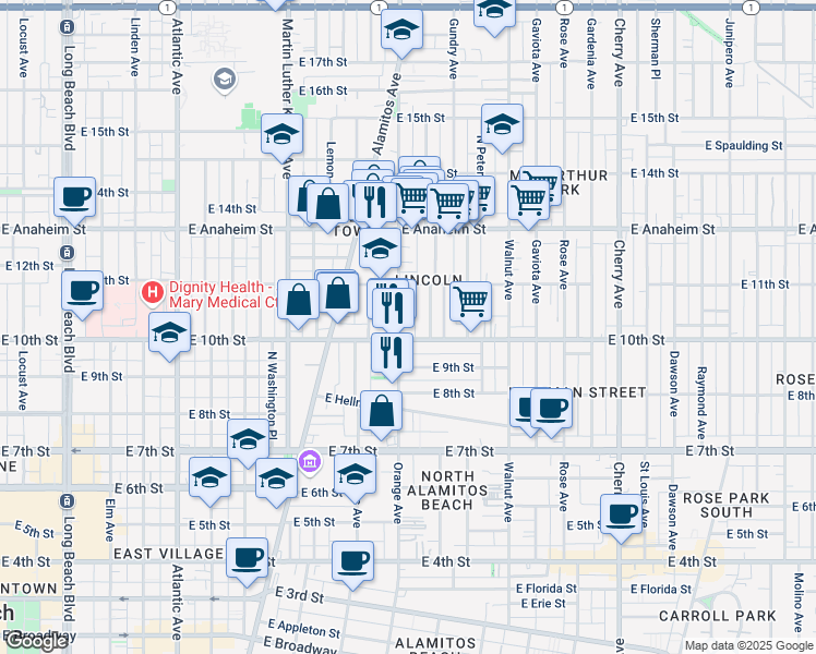 map of restaurants, bars, coffee shops, grocery stores, and more near 1050 Orange Avenue in Long Beach