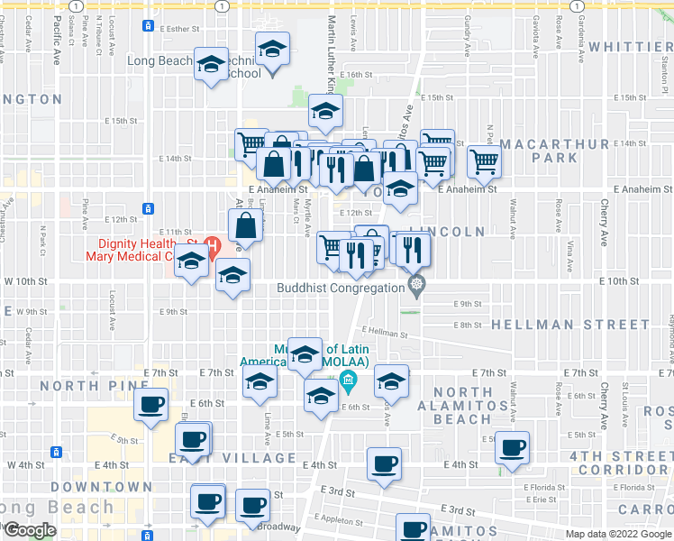 map of restaurants, bars, coffee shops, grocery stores, and more near 1052 Martin Luther King Junior Avenue in Long Beach