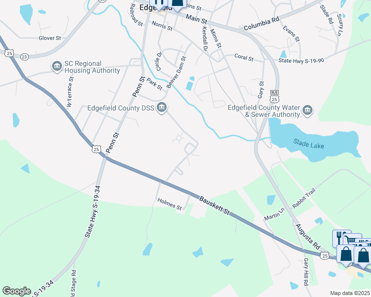 map of restaurants, bars, coffee shops, grocery stores, and more near 140 West A Reel Drive in Edgefield