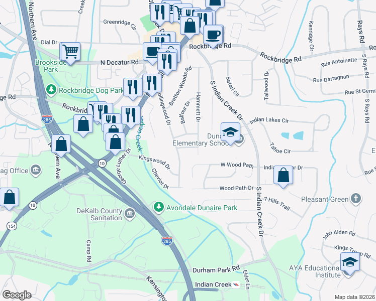 map of restaurants, bars, coffee shops, grocery stores, and more near 3838 Danbury Lane in Decatur