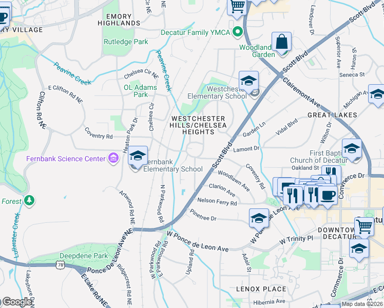 map of restaurants, bars, coffee shops, grocery stores, and more near 112 Kathryn Avenue in Decatur