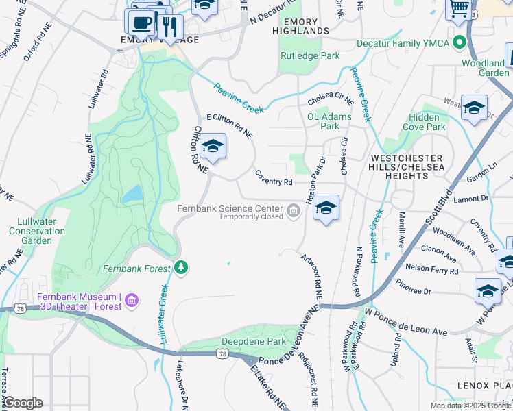 map of restaurants, bars, coffee shops, grocery stores, and more near 1697 Dyson Drive Northeast in Atlanta
