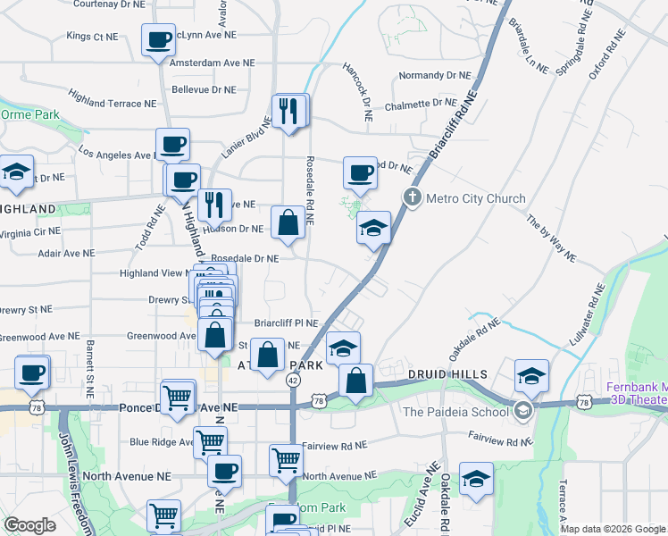 map of restaurants, bars, coffee shops, grocery stores, and more near 1236 Virginia Avenue Northeast in Atlanta