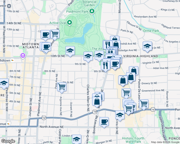 map of restaurants, bars, coffee shops, grocery stores, and more near in Atlanta