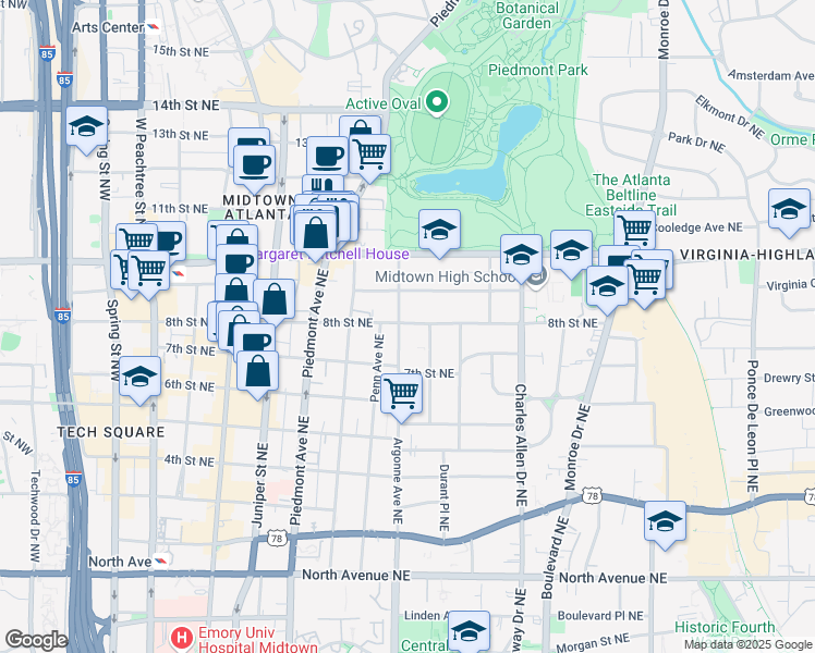 map of restaurants, bars, coffee shops, grocery stores, and more near 928 Argonne Avenue Northeast in Atlanta