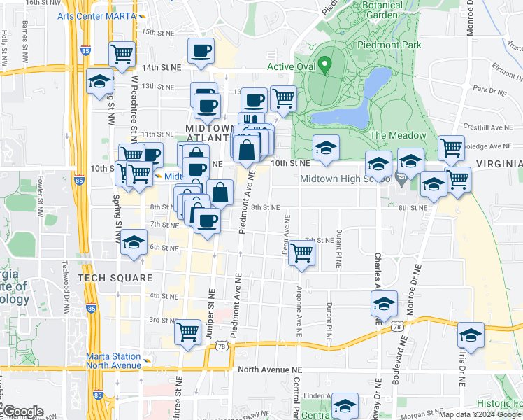 map of restaurants, bars, coffee shops, grocery stores, and more near 921 Myrtle Street Northeast in Atlanta