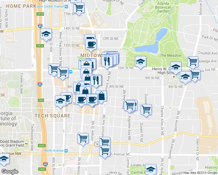 map of restaurants, bars, coffee shops, grocery stores, and more near 907 Piedmont Avenue Northeast in Atlanta