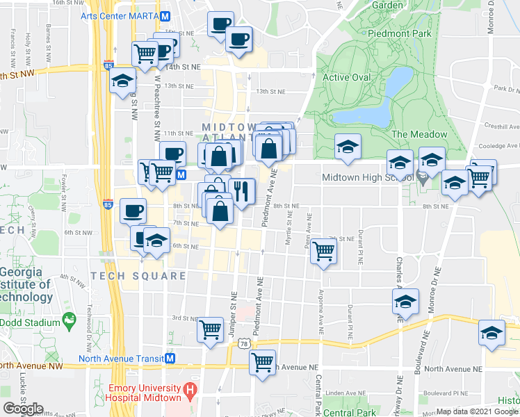 map of restaurants, bars, coffee shops, grocery stores, and more near 910 Piedmont Avenue Northeast in Atlanta