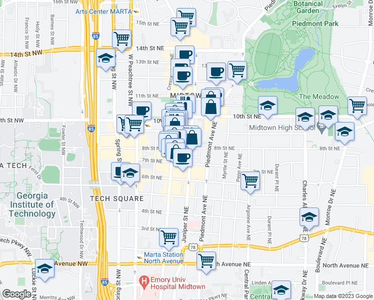 map of restaurants, bars, coffee shops, grocery stores, and more near 126 8th Street Northeast in Atlanta