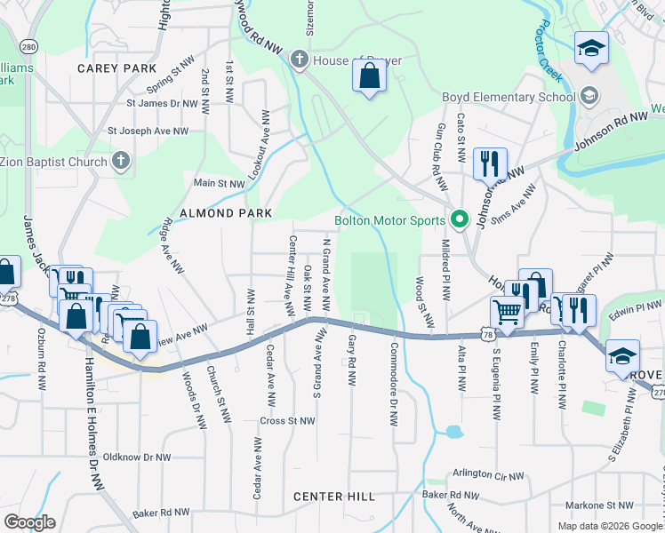 map of restaurants, bars, coffee shops, grocery stores, and more near 919 North Grand Avenue Northwest in Atlanta