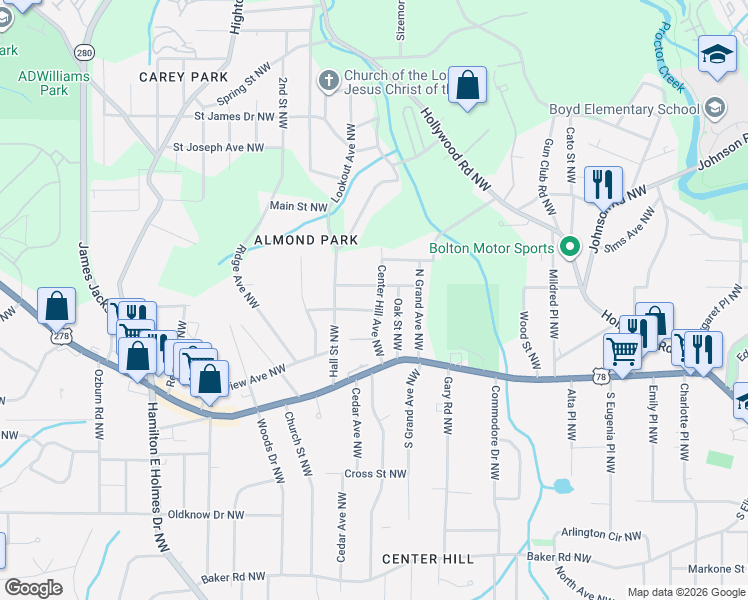 map of restaurants, bars, coffee shops, grocery stores, and more near 2309 Hill Street Northwest in Atlanta